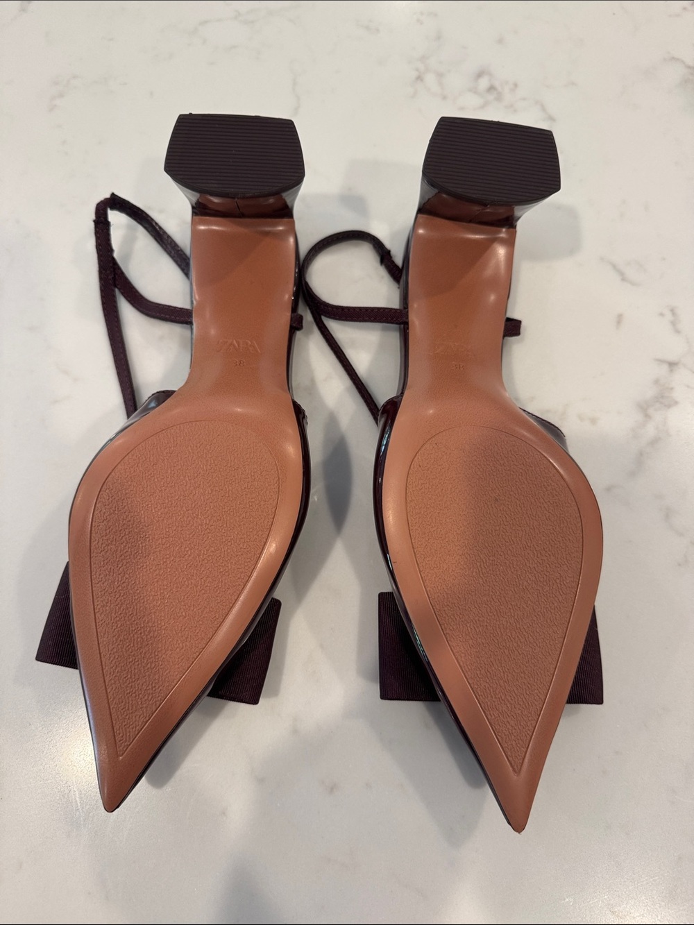 ZARA Burgundy Pointed Patent Slingback Heels with Bow - Picture 3 of 6